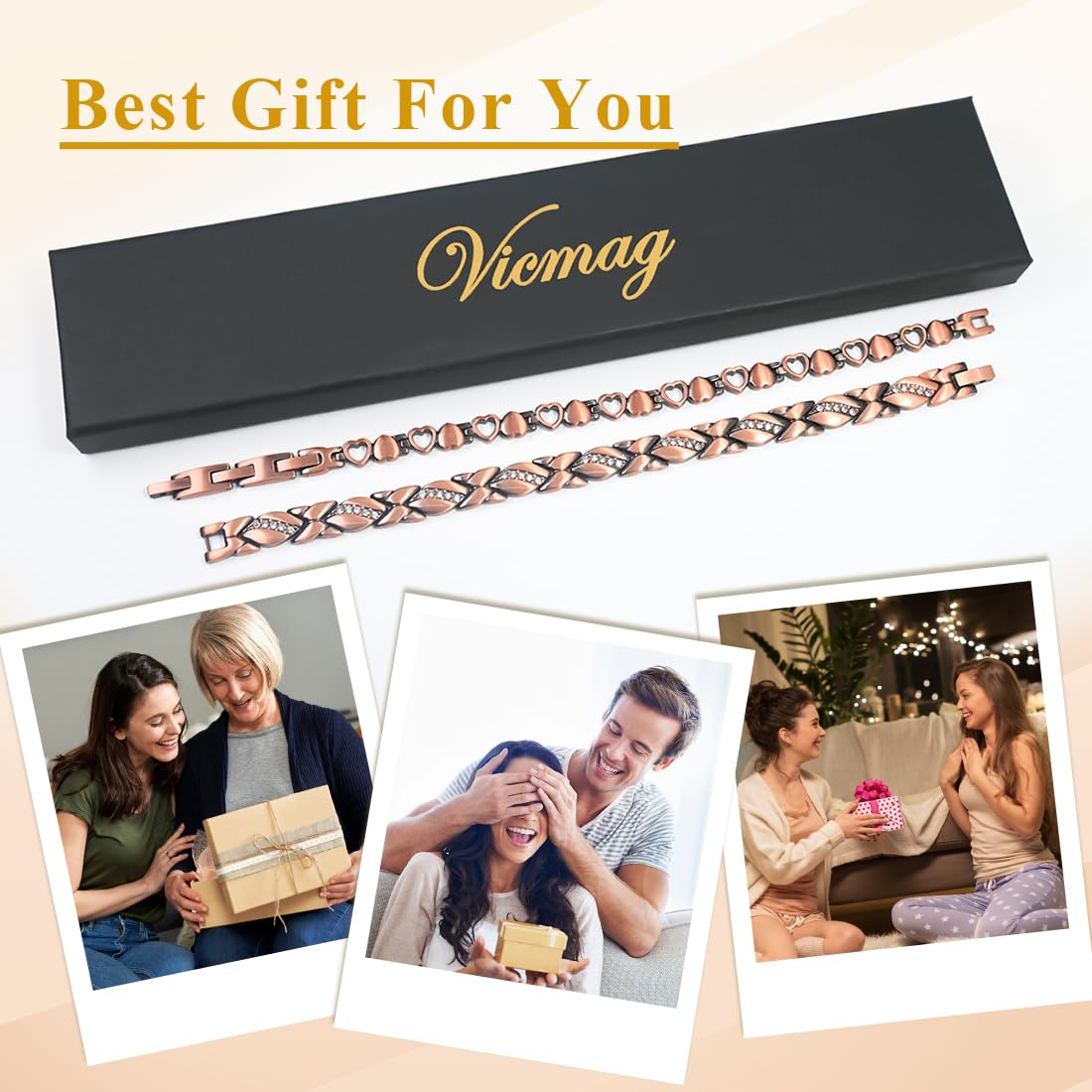 Vicmag Copper Magnetic Bracelet for Women Magnets Brazaletes 99.9% Solid Pure Copper Jewelry Gift for Her (Adjustable Size with Gift Box) (2PCS Love Heart)