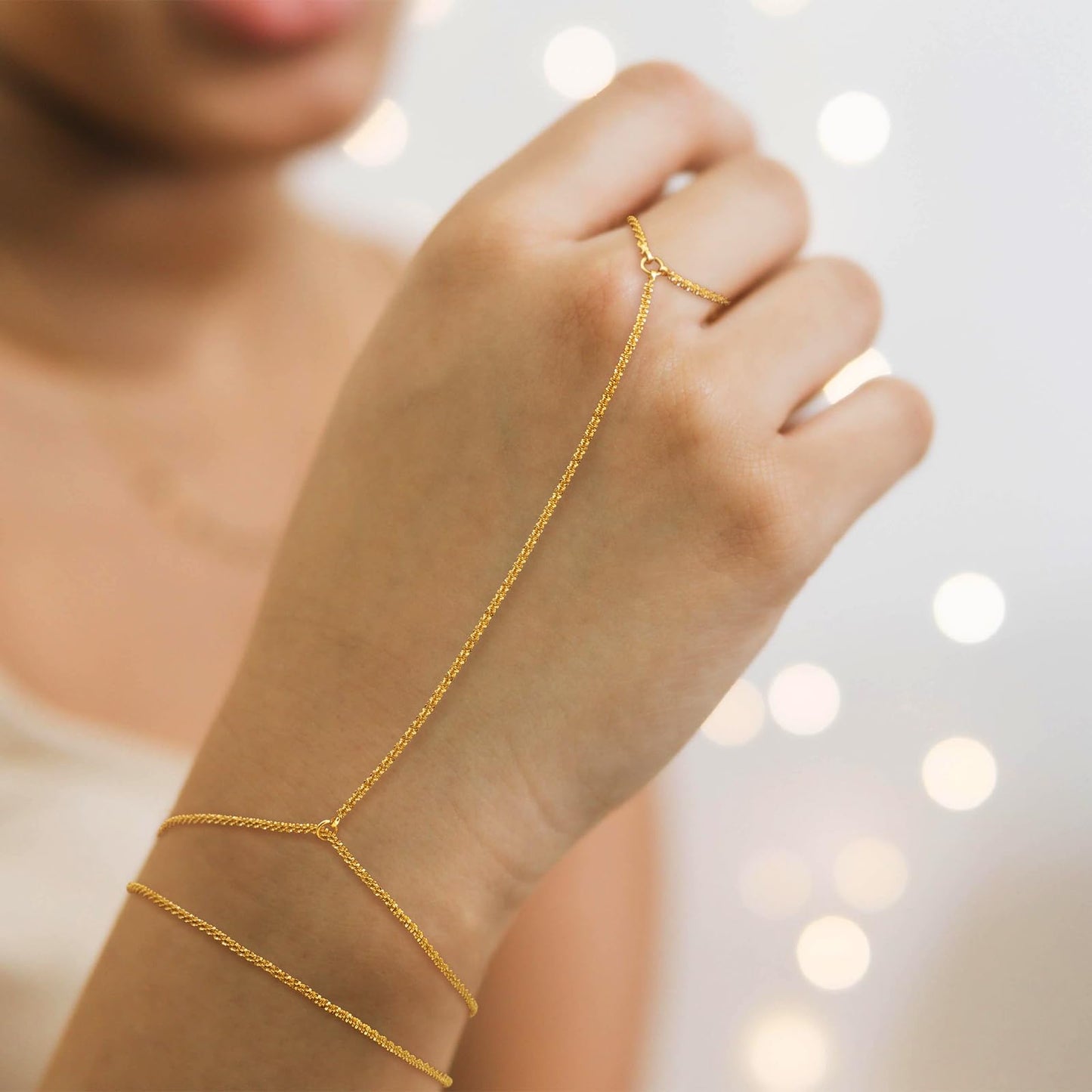 14K Gold Plated Hand Chain Ring Bracelet Stack Non Tarnish Dainty Finger Ring Bracelet Accessories for Women Trendy Jewelry 2025