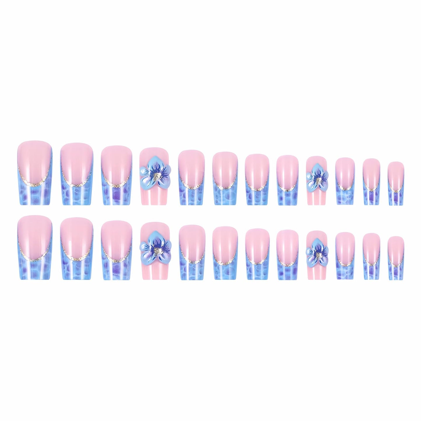 MISUD Press on Nails - Long Square Glue on Nails with Blue French Tip, Acrylic Flower Design 24 pcs