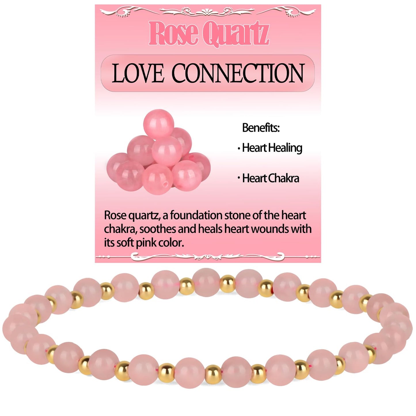 QOGIR Rose Quartz - Love Connection - 14K Gold Plated Beads Natural Gemstone Stretch Elastic Dainty Healing Beaded Bracelets Gifts 4mm