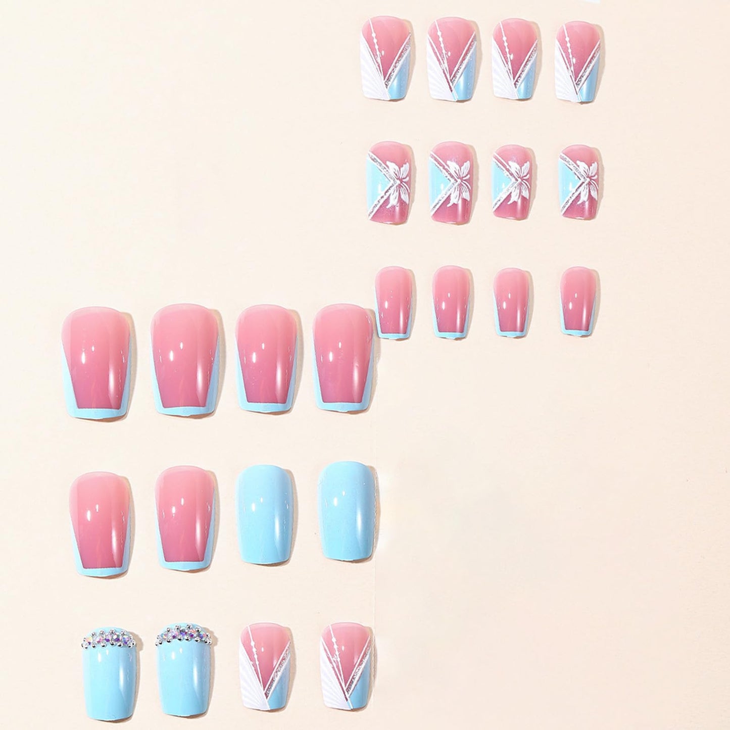 SINHOT Square Press on Nails - Short Fake Nails, Glossy Finish, White Butterfly & Rhinestones, DIY Artificial False Nail Art - 24 Pcs Nail Kit with Glue