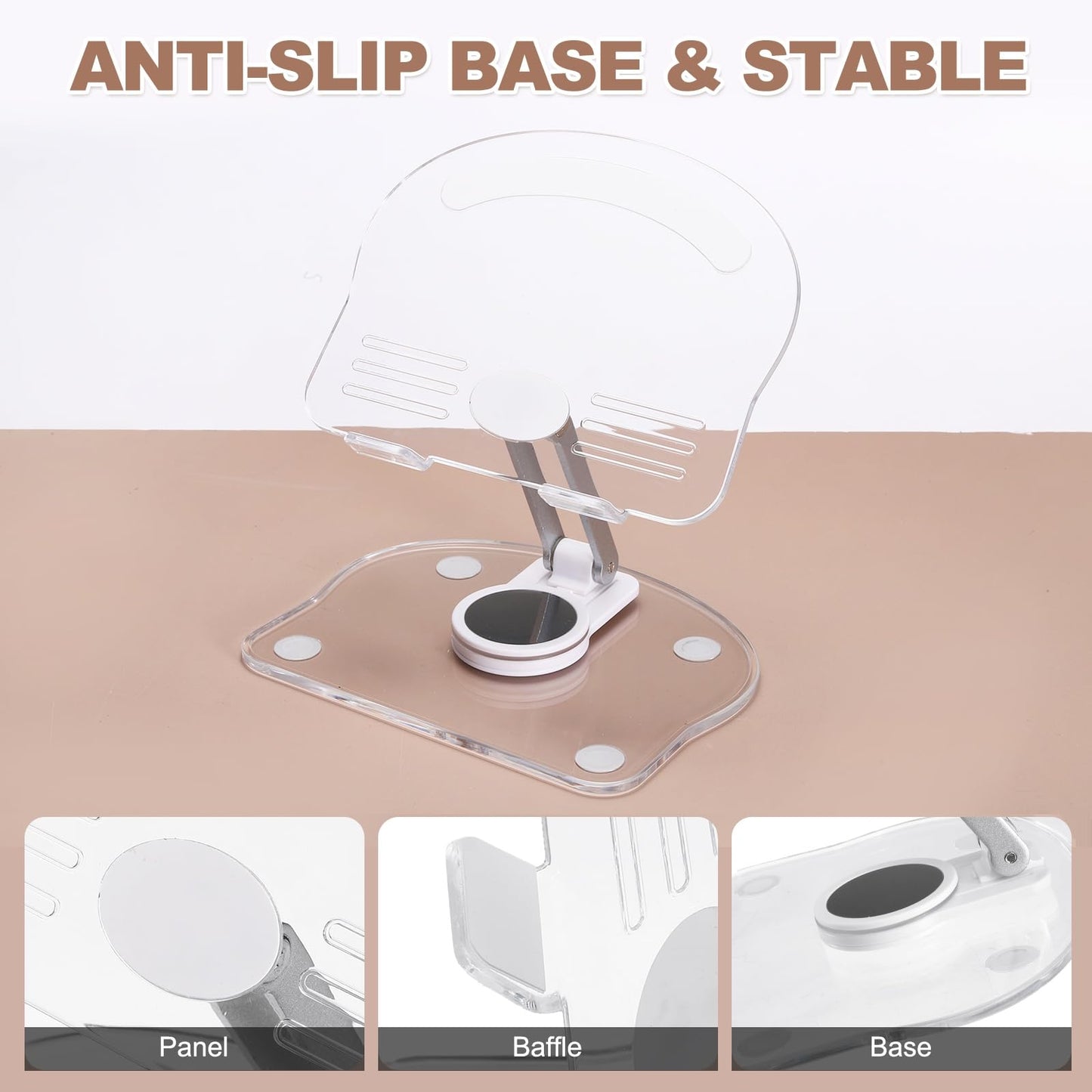 PATIKIL Acrylic Tablet Stand, Acrylic Tablet Holder Adjustable Foldable Portable Clear Cute with 360 Degree Rotating Base for Desk Home Office Women Gifts, White