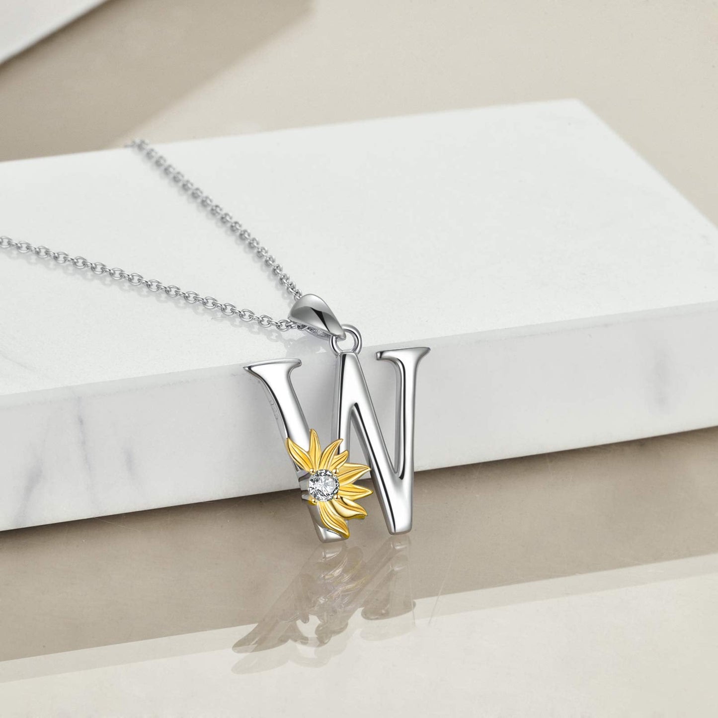 POPLYKE Sterling Silver Initial Alphabet Letter Script Name Pendant Chain Necklace for Women for (Sunflower W)
