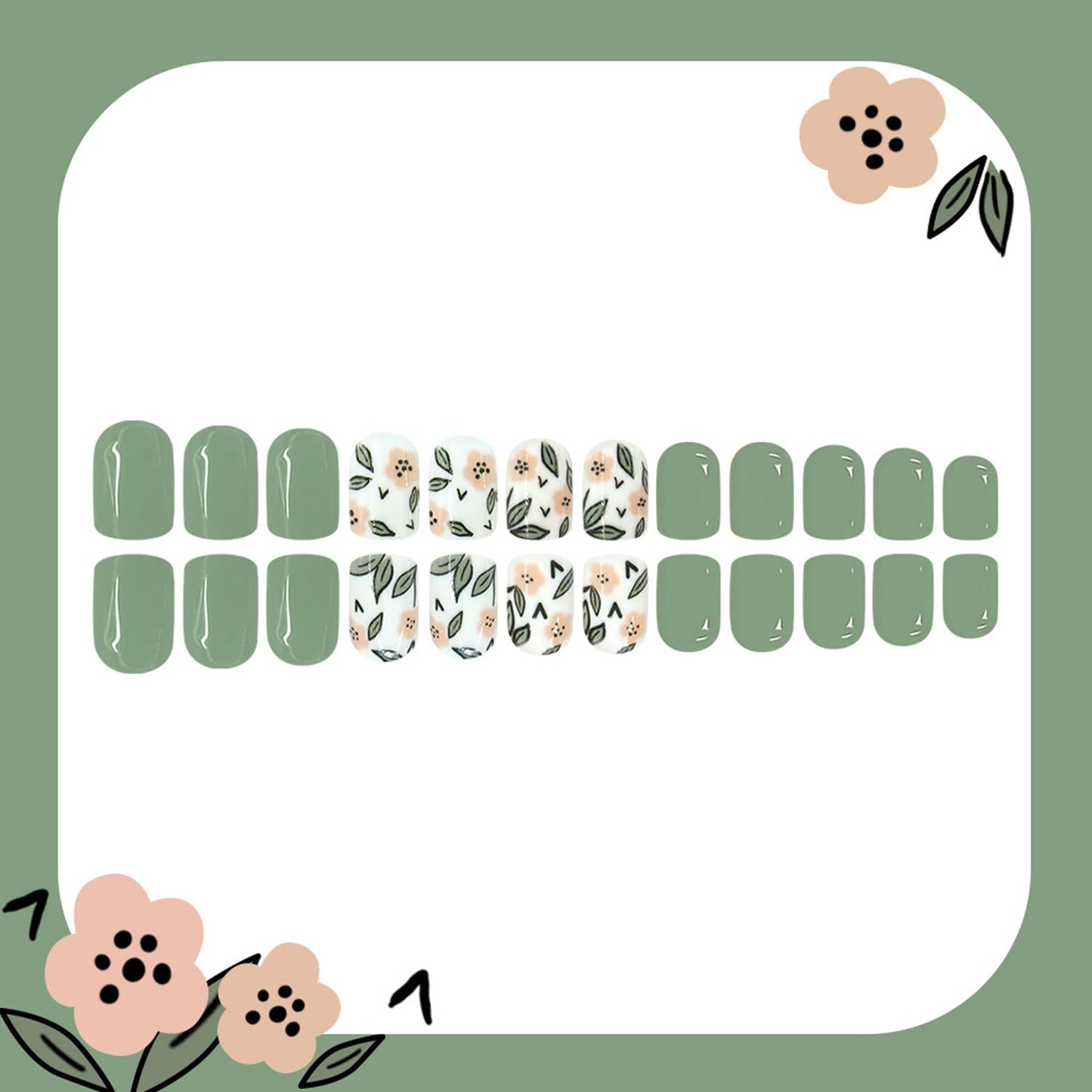 Square Press On Nails Short Fake Nails Flower With Leaf Design Green False Nails Acrylic Full Cover Artificial Glue On Nail Glossy Reusable Cute Stick On Nails For Women Manicure Art 24pcs