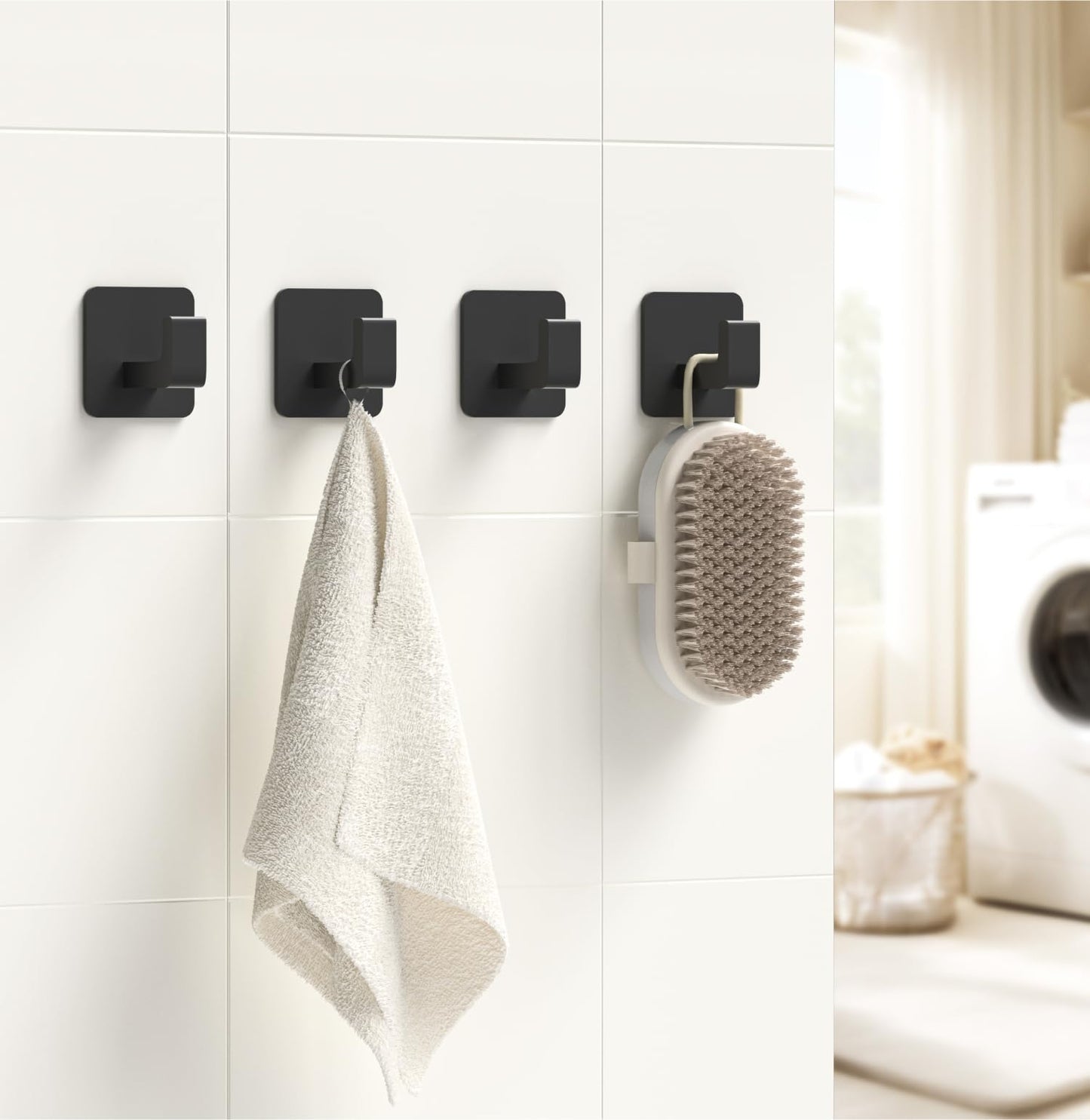 GWAAZXGZ Square Self Adhesive Towel Hooks - 4 Pack Matte Black Metal Hooks, Right-Angle Design for Towels, Robes & Hats, Organize Bathroom, Kitchen, Entryway, Doors, Cabinets on Smooth Surfaces