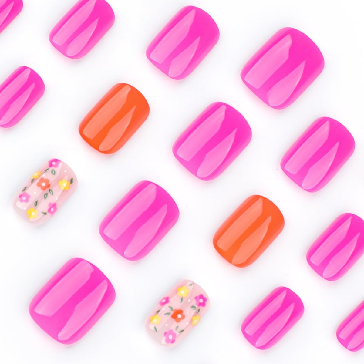 Short Square Press on Nails Flower Fake Nails Spring Summer False Nails Press ons with Multicolor Floral Print Cute Acrylic Nails Full Cover Glue on Nails Stick on Nails for Women Manicure 24Pcs