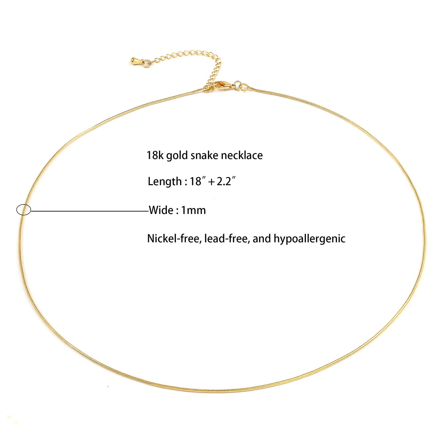 MAIKERDER Thin Gold Chain, 18K Gold Plated 1mm Thin Snake Chain Necklace for Women Dainty Round Minimalist Small Snake Chain Simple Necklaces Non Tarnish 18 Inches