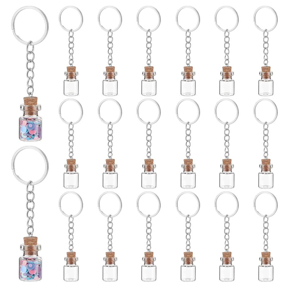 UNICRAFTALE 20Pcs Mini Glass Bottles 2ml Glass Vials with Corks Lids Clear Spell Jars with Metal Keychain Tiny Jars with Lids Message Potion Bottles for DIY Wedding Favors Party Home Decoration