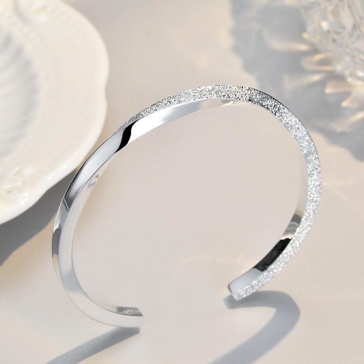 925 Silver Mobius Bangle Bracelets For Women Shiny Frosted Bracelets Adjustable Open Cuff Bangle For Women Exquisite Wrap Bangle Bracelets Jewelry Gifts for Birthday & Christmas
