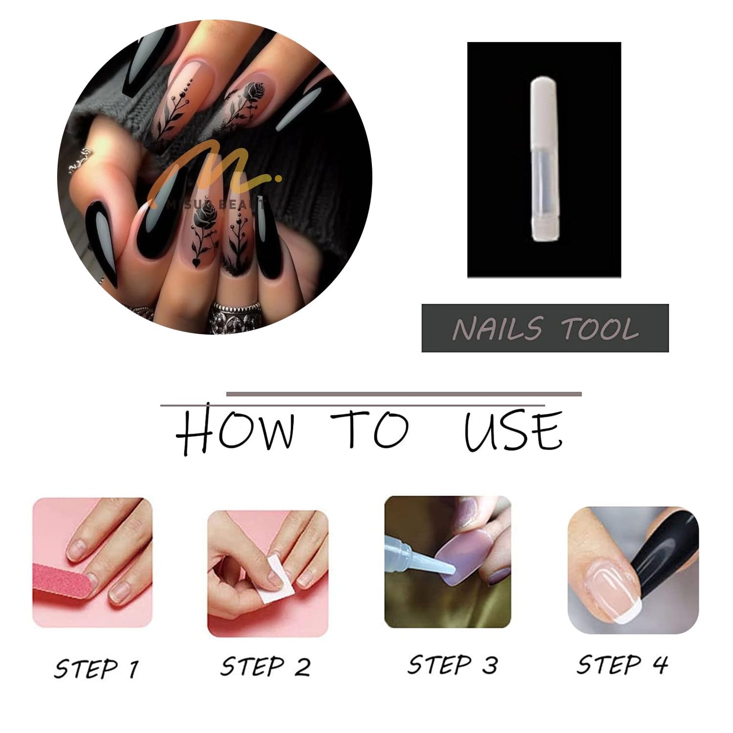 MISUD Press on Nails - Long Coffin Glue on Nails with Goth Black, Acrylic Gothic Rose Design 24 pcs
