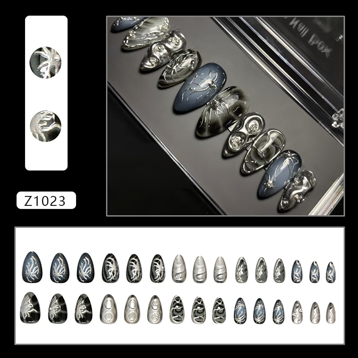 30Pcs Goth Press on Nails Medium Almond Fake Nails 3D Silver Alloy Chrome Glitter Design Y2k Glue on Nails Full Cover Glue on Nails Reusable Handmade Nails Black False Nails for Women Acrylic Nails
