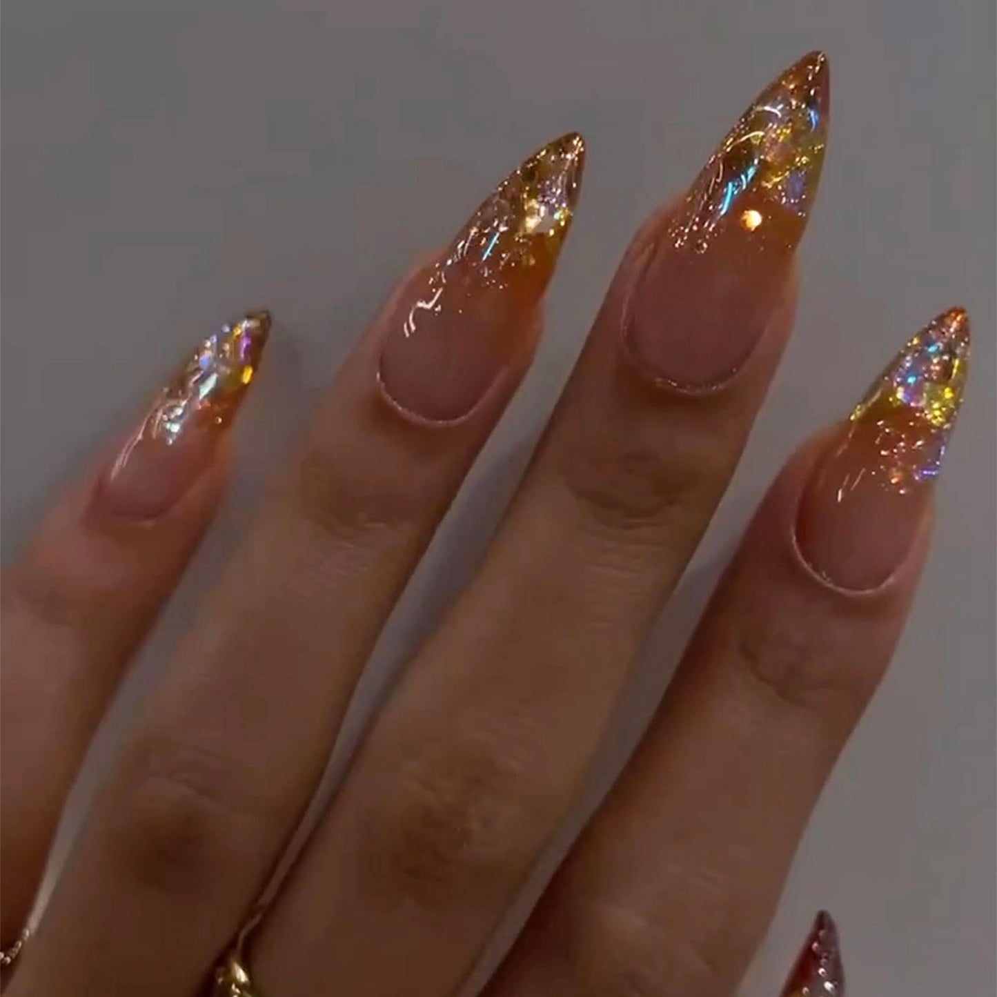 MISUD Press on Nails - Long Stiletto Glue on Nails with Orange Ombre, Acrylic Bling Glitter Rhinestone Design 24 pcs