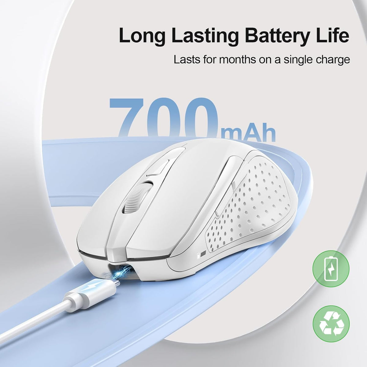 TECKNET Rechargeable Wireless Mouse, 2.4G Silent Mouse, Quiet Click, 6 Adjustable 4800 DPI, Cordless Computer Mouse, Ergonomic Mouse for Laptop, 6 Buttons USB Mouse for Chromebook, Ergo Grip - White