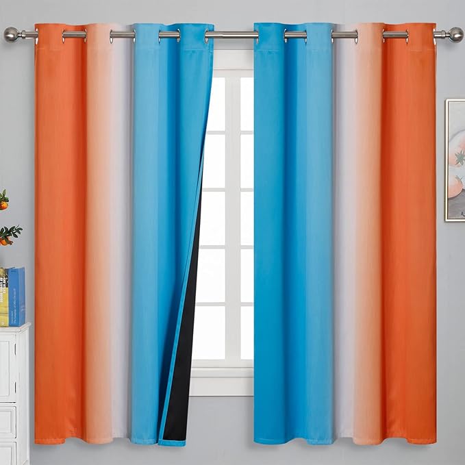 Ombre Orange and Blue Curtains 63 Inch Length 2 panels, Total Blackout Curtains for Bedroom, Grommet Thermal Insulated Gradient Drapes, Full Light Blocking Curtains for Boys Room, 52x63 Inch