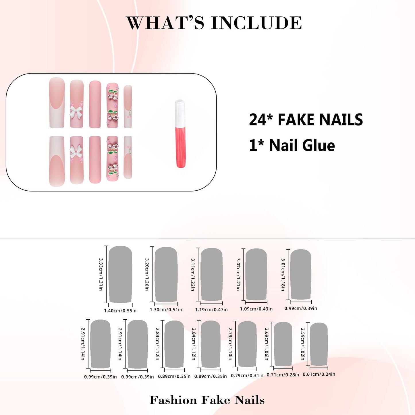 IMRAIN Press on Nails Extra Long Square Fake Nails Pink Cherry Charms False Nails with Designs French Tips Matte Full Cover Bow Flower Cute Stick on Nails for Women 24Pcs