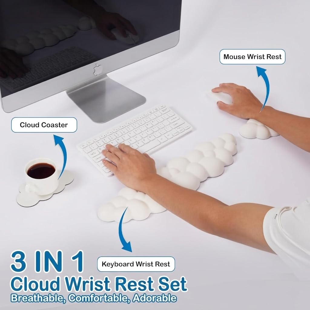 Cloud Keyboard Wrist Rest & Mouse Pad Set for Typing Comfort – Ergonomic Memory Foam Wrist Support with Non-Slip Base, Soft Cloud Wrist Pad for Computer, Laptop, Office Work, Gaming & Home Desk