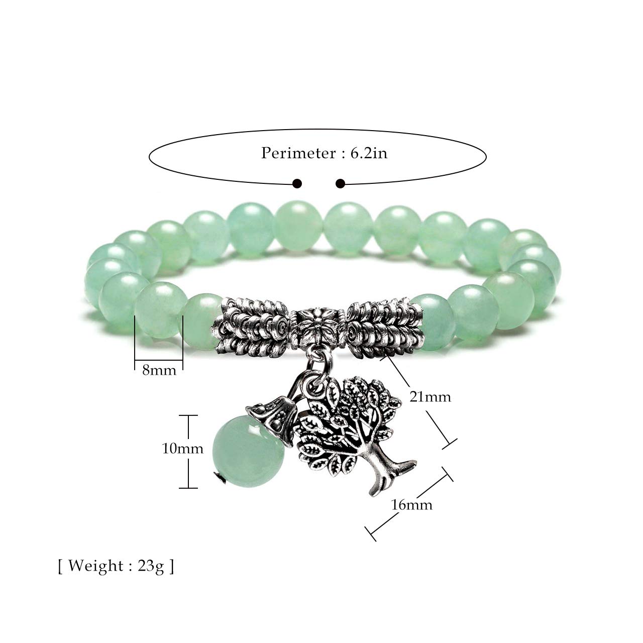 Jovivi 8MM Green Aventurine Natural Gemstone Healing Crystal Tree Life Lucky Charm Stretch Bracelet