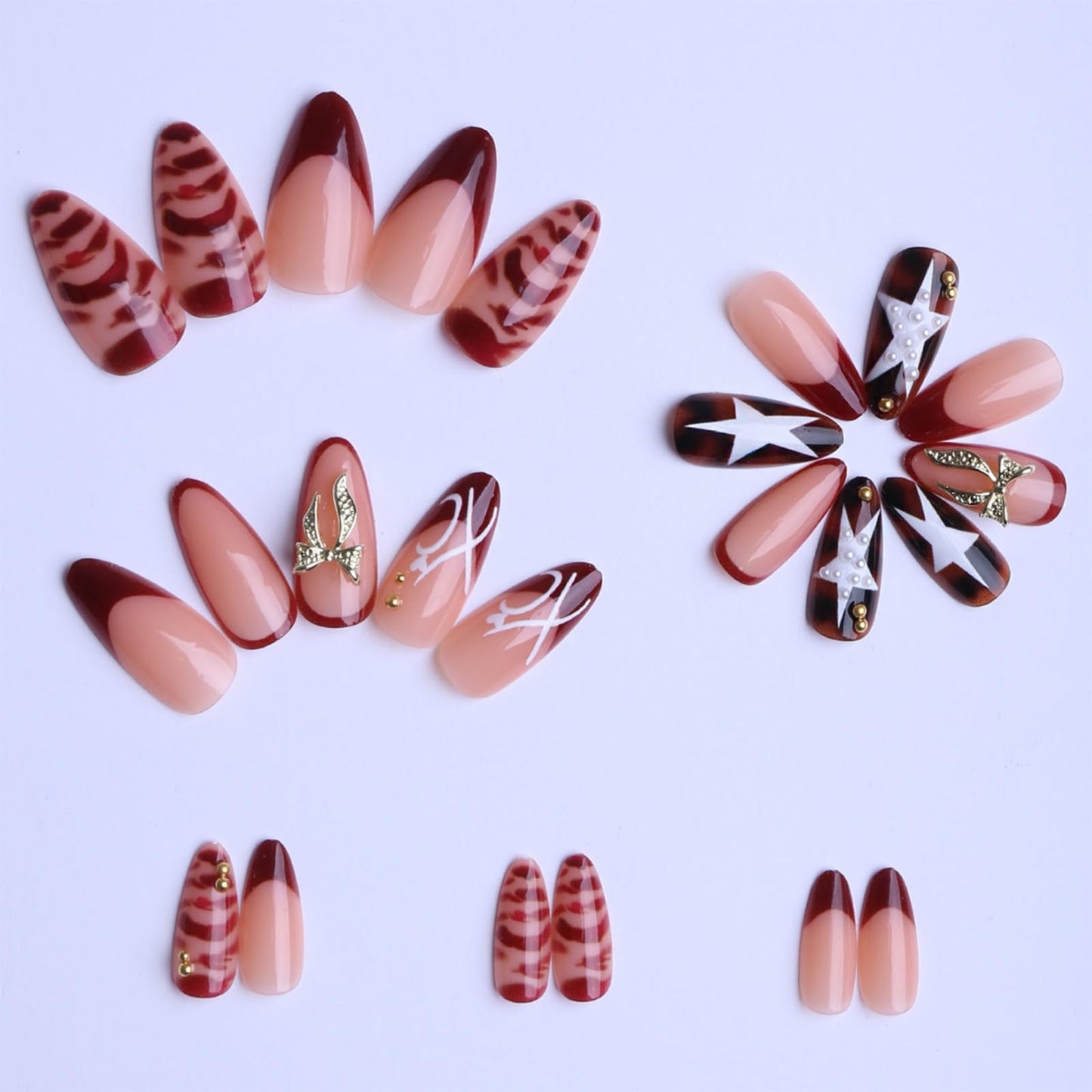 Octoswave Medium Press on Nails Almond Fake Nails 3D Bow Artificial Nail Glossy Rhinestones Charm Stick on Nail for Women 24pcs