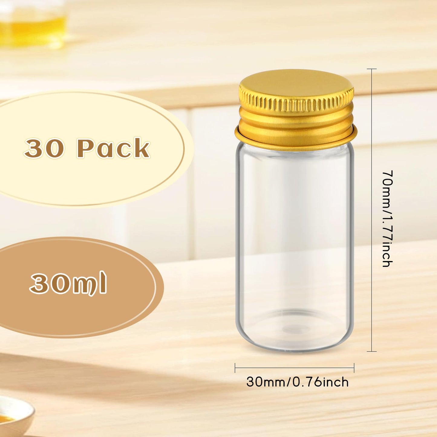 30 Pcs Empty Clear Glass Vials With Aluminum Lids Small Glass Bottles Sample Bottles Seal Jar Storage Containers For Liquid Powder Cosmetic DIY Art Craft (gold lids, 30ml/1oz)
