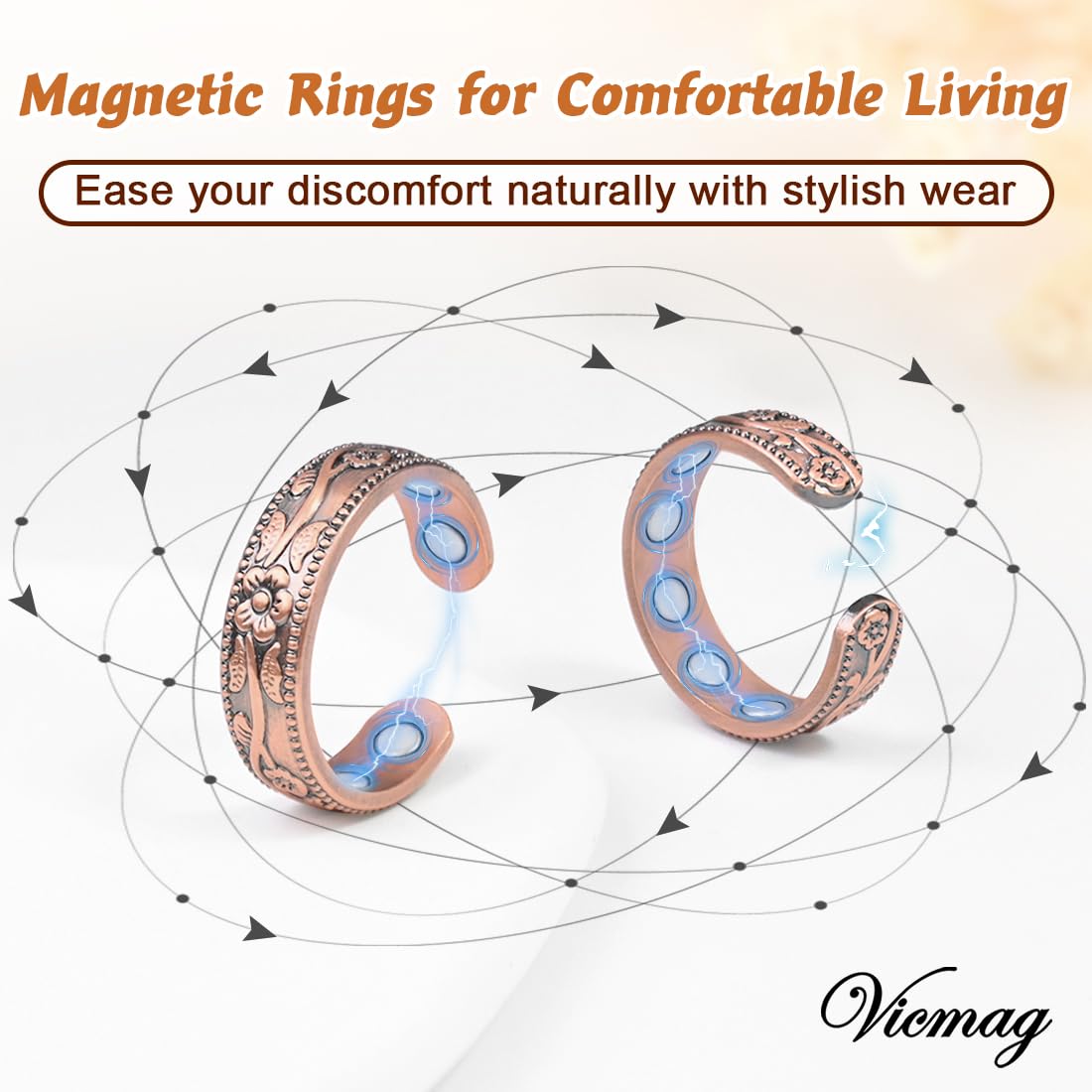 Vicmag 2PCS Magnetic Copper Rings for Women & Men,99.99% Pure Copper Ring with 9X Magnets Gift Adjustable(9X Plum)