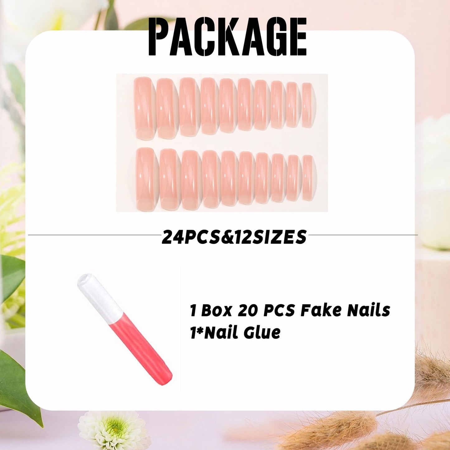 IMSOHOT Curved Press on Nails Long Square Fake Nails Glossy Nude False Nails Full Cover Glossy Acrylic Artificial Extra Long Stick on Nails for Women 24Pcs