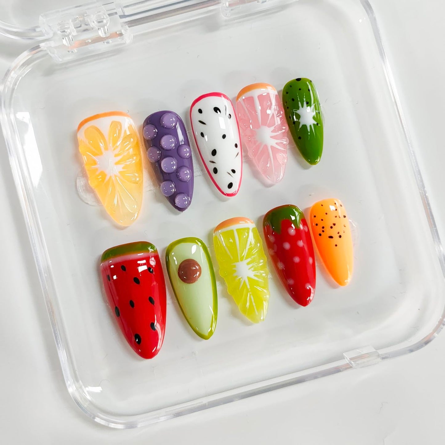 Handmade Nails 3D Fruit Almond Press on Nails Medium Length Cute Thick Acrylic Fake Nails Summer False Nails with Strawberry Kiwi Designs Colorful Nail Art Press on Nails 10Pcs(M)