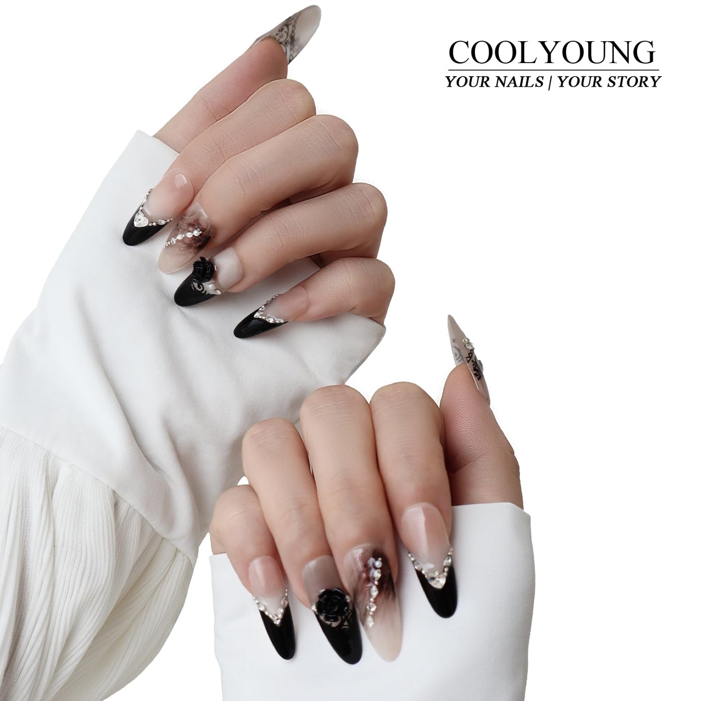 Handmade Press On Nails Medium Almond Press On Nails Women Gifts Black Acrylic Nails French Press On Nails with Fake Nails, 15 PCS, Size M
