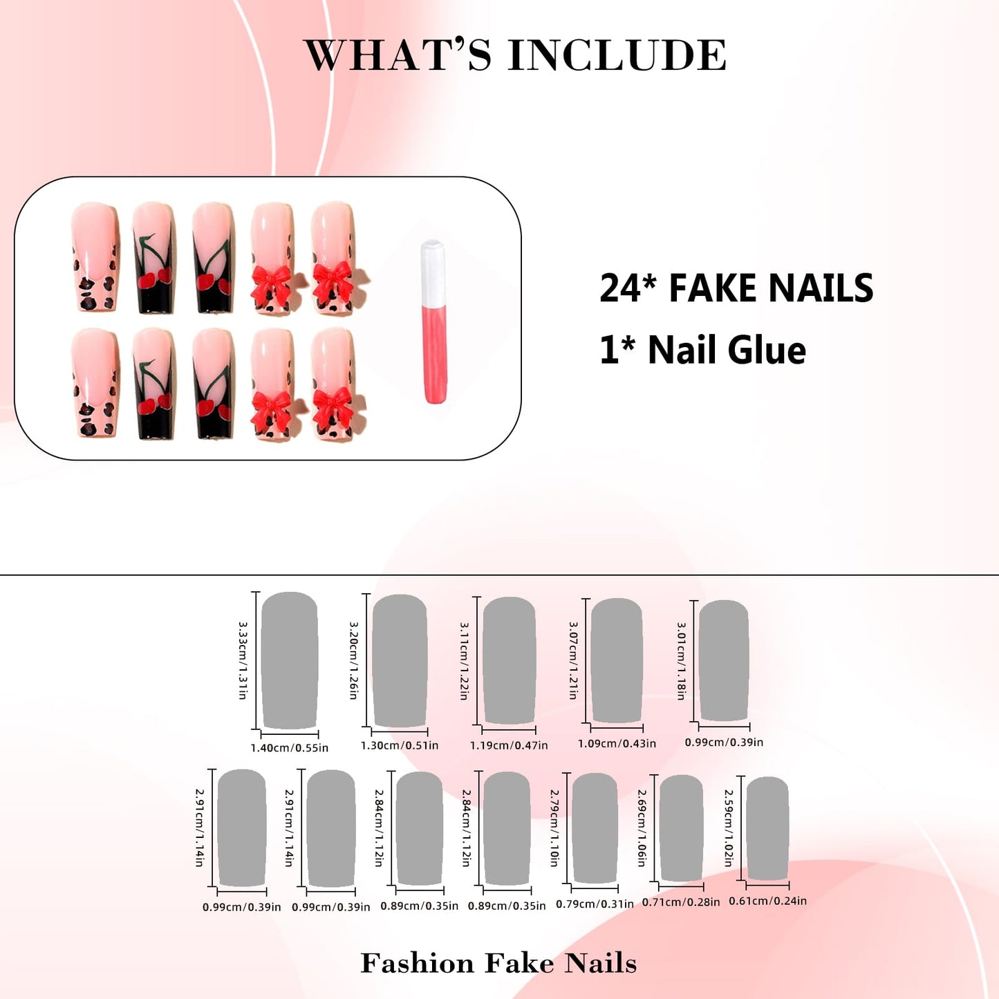 IMRAIN Long Press on Nails Square Fake Nails Black French False Tip with Bow & Cherry Design Leopard Print Glossy Artificial Acrylic Nails for Women Manicure 24Pcs