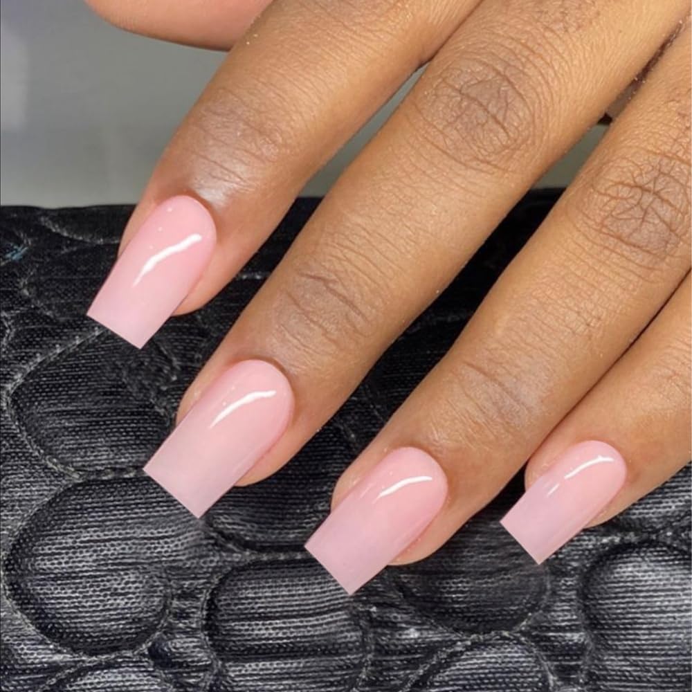 Pink Press On Nails Medium Long Square, Xcreando Medium Coffin Nails Acrylic Press ons Glue on Nails, Solid Color Fake Nail for Women, Natural Thick Artificial Stick on