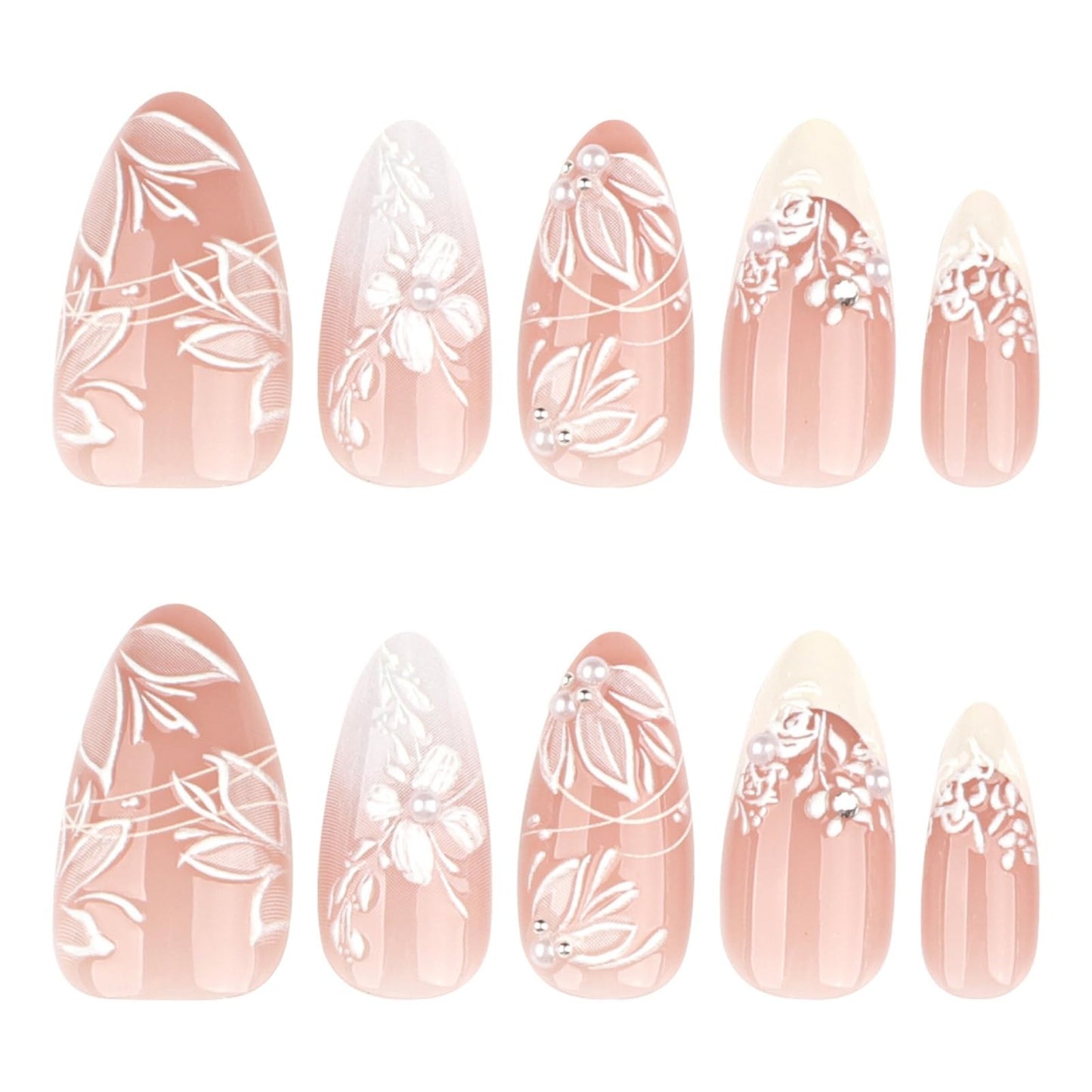 OCTOSWAVE Medium Press on Nails Almond Fake Nails French Artificial Nail Flowers Charm Stick on Nail for Women 24pcs