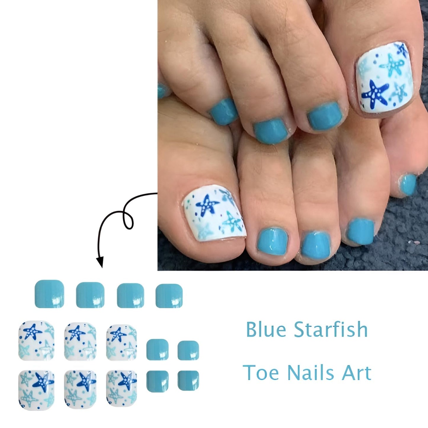 Summer Press on Toenails Short Square Fake Toe Nails Starfish False Toenails Blue Toenail Press Ons Glossy Stick on Toenail Acrylic Full Cover Glue on Toe Nail for Women Decorations Set 24Pcs
