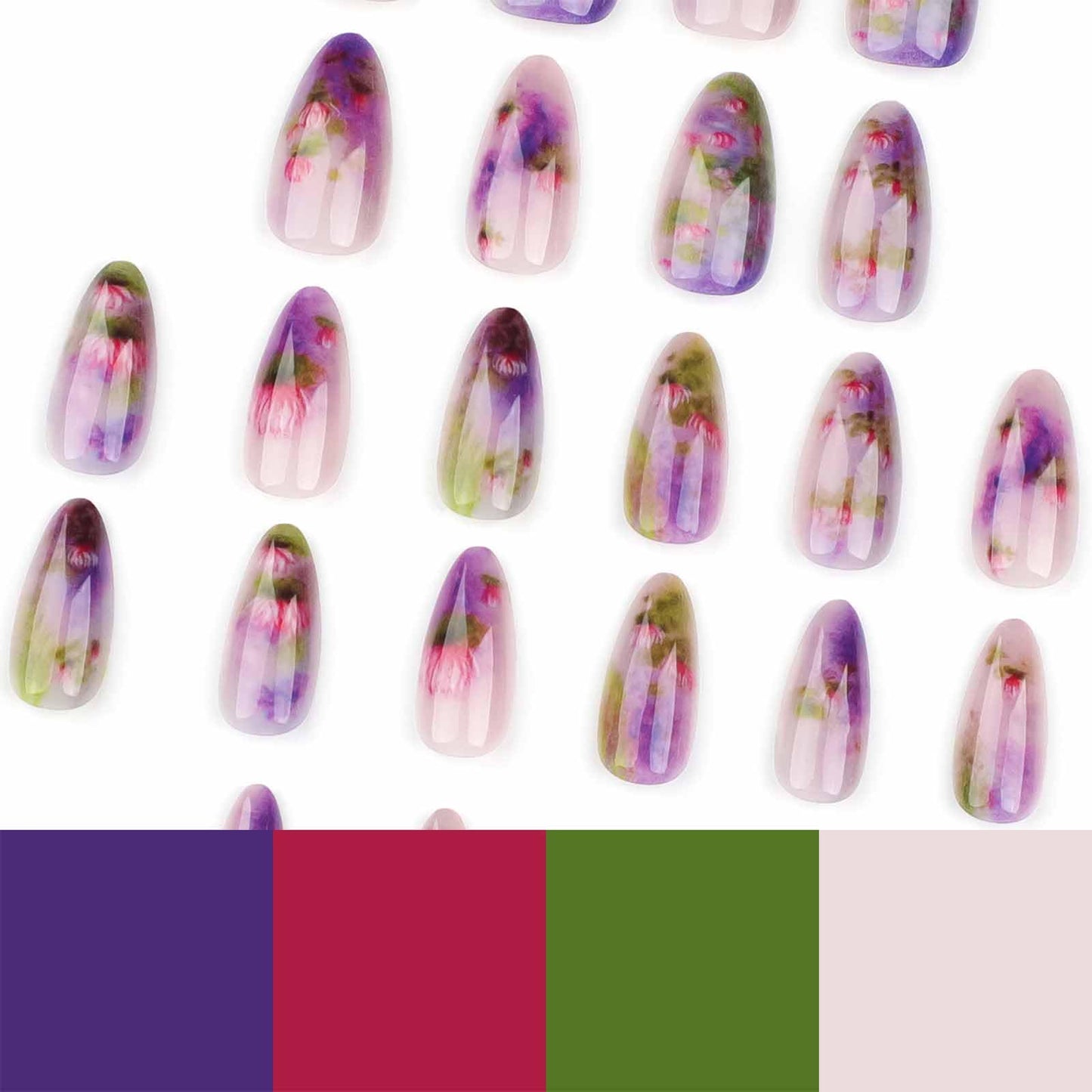 LBPEPAMZ 24Pcs Purple Press on Nails Medium Almond Fake Nails Purple Ombre Tips Full Cover Glossy Acrylic Nails False Nails Summer Lotus Lavender Stick on Nails Pink Flower Glue on Nails for Women