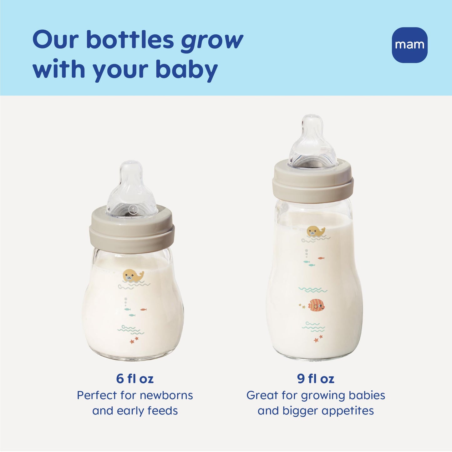 MAM 9oz Premium Glass Wide Neck Baby Bottle with Medium Flow Breastfeeding-Like Silicone Nipple, Easy to Clean, BPA Free, 2+ Months, Easy Switch Between Breast and Bottle, Made in Europe, 3 Pack