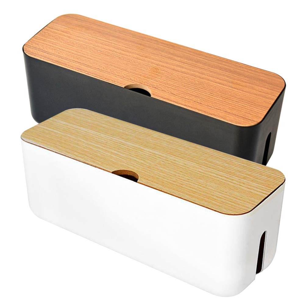 Cable Management Box - Wooden Style Large Cord Organizer Box to Hide Wires & Power Strips | Desk Computer Cable Organizer Box | Safe ABS Materia for Home & Office (Black)