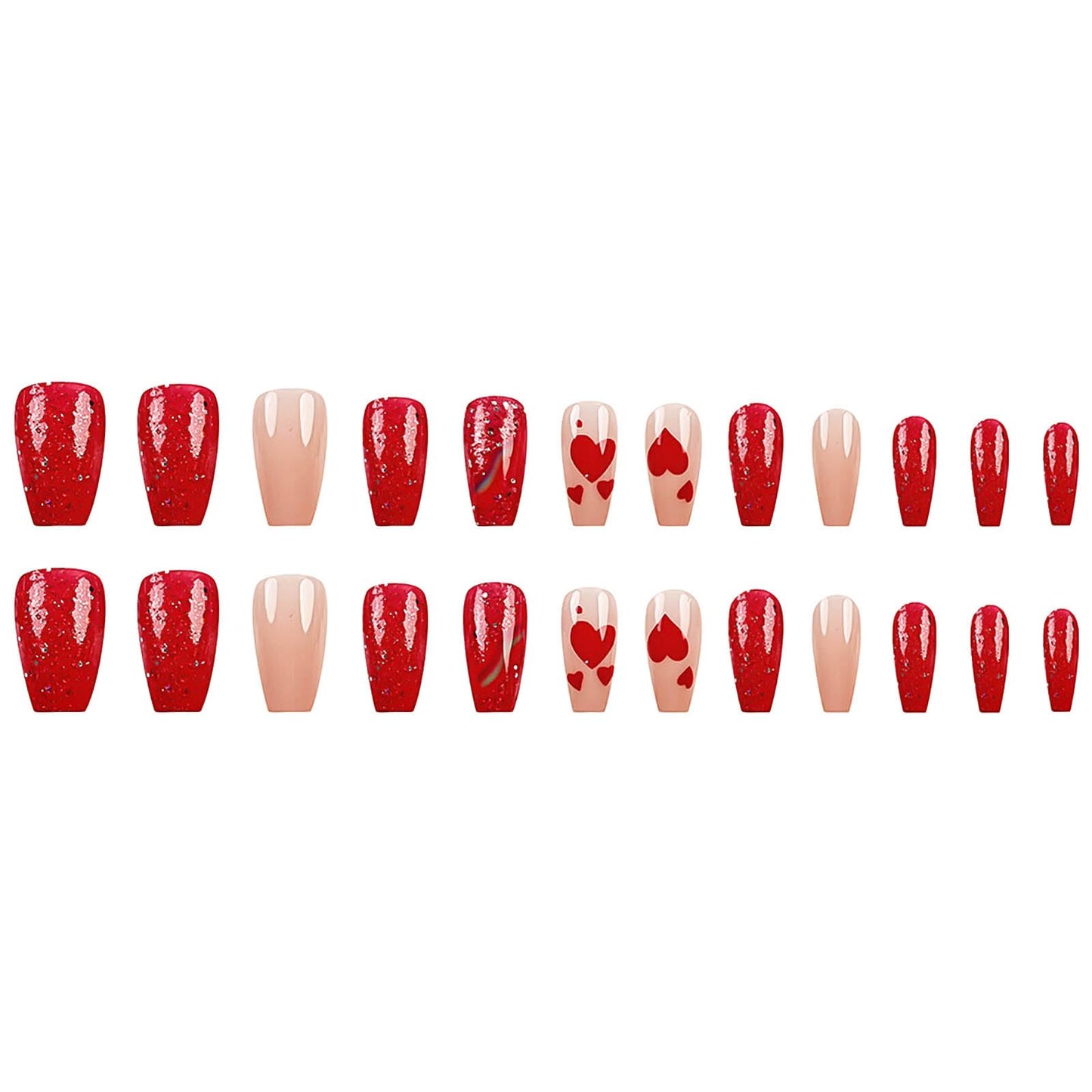 RUOKEXIN Medium Press on Nails Coffin Fake Nails Red Glitter False Nails with Heart Designs Rainbow Ombre Glue on Nails Sparkly Artificial Nails Cute Stick on Nails for Women 24Pcs