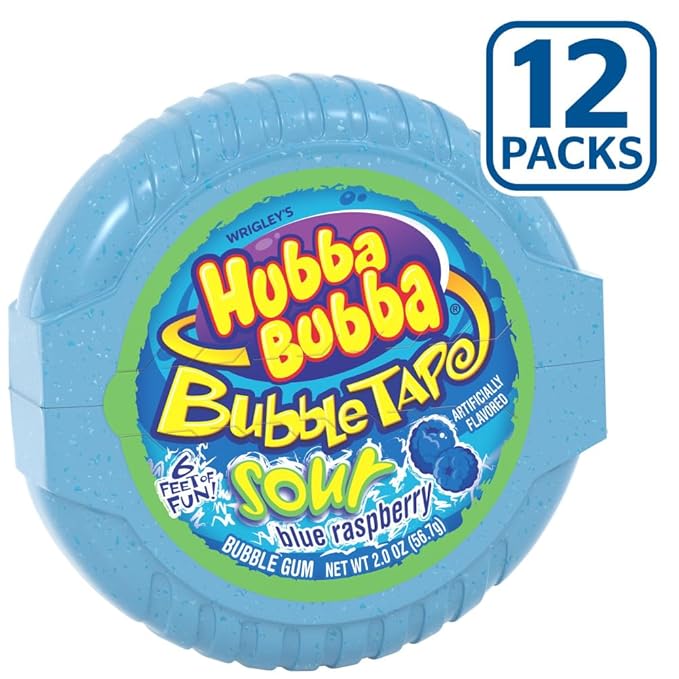 HUBBA BUBBA Bubble Gum Tape - Original Blue Raspberry Chewing Gum Bulk Pack, 2 oz Each, Pack of 12 Candy Bulk
