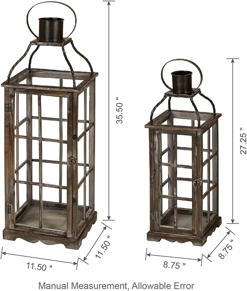 Glitzhome Farmhouse Oversized Wood Metal Lanterns Decorative Hanging Candle Lanterns Set of 2, Black (No Glass)