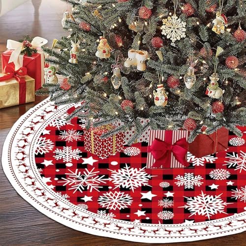 Snowflake Christmas Tree Skirt 48in Red Black Buffalo Plaid Christmas Tree Skirts Rustic Thick Xmas Tree Skirt with Snowflake Winter Happy New Year Decoration for Christmas (red +Black 48in)