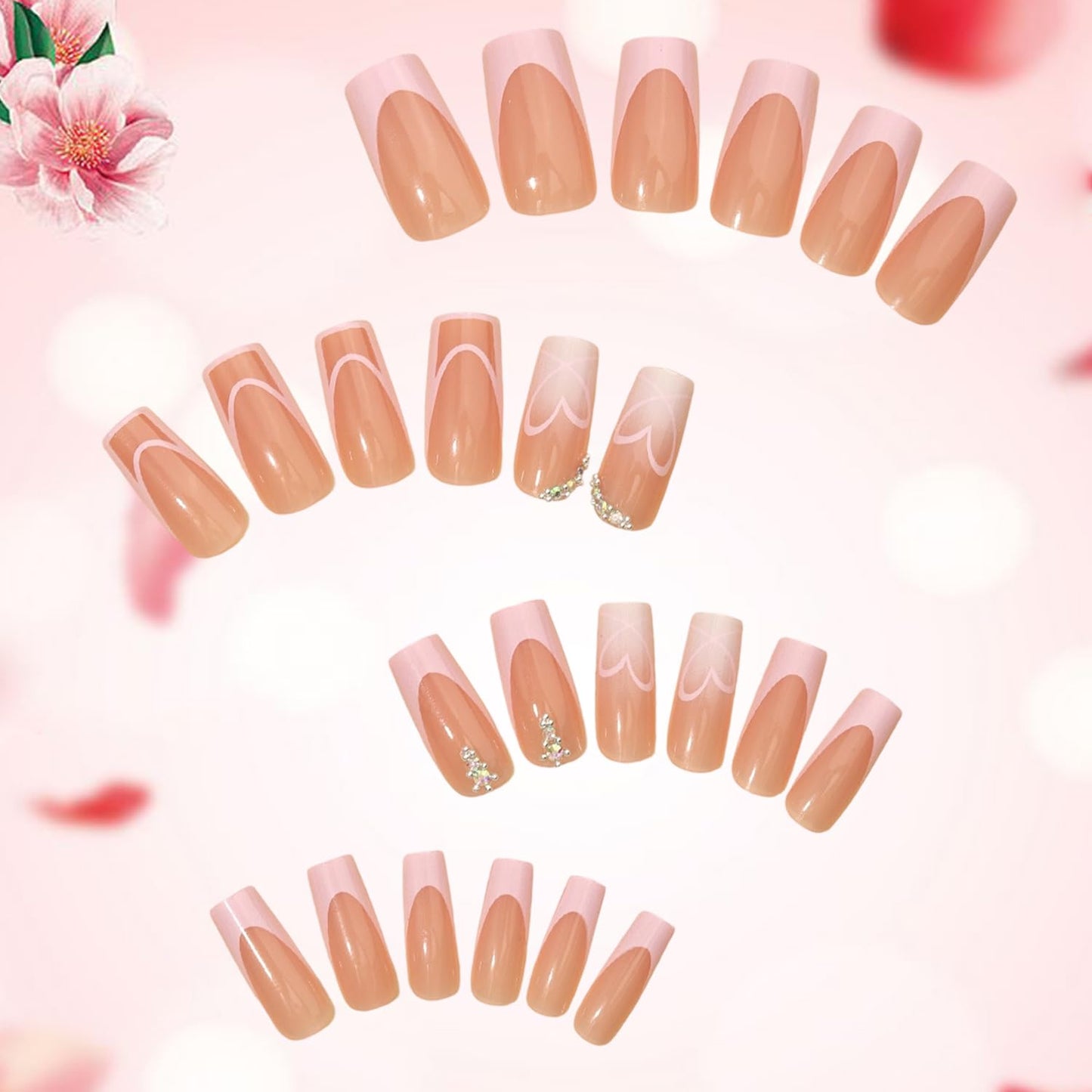 Heart Press on Nails Medium Square Artificial Acrylic Fingernails French Pink Tip False Nails Translucent Love with Rhinestones Valentines Stick on Nail Full Cover Glossy Glue on Nail for Women