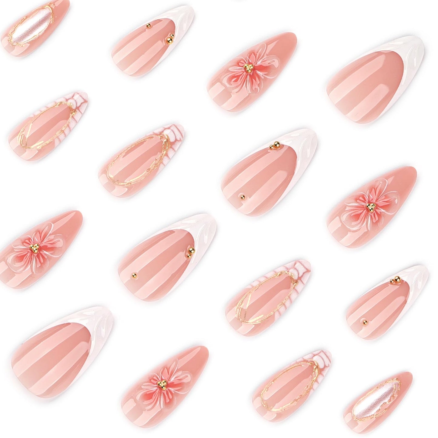 Long Almond Press on Nails Nude Pink 3D Flower Fake Nails Golden Lines Stick on Nails Crocodile Pattern False Nails for Women DIY 24Pcs
