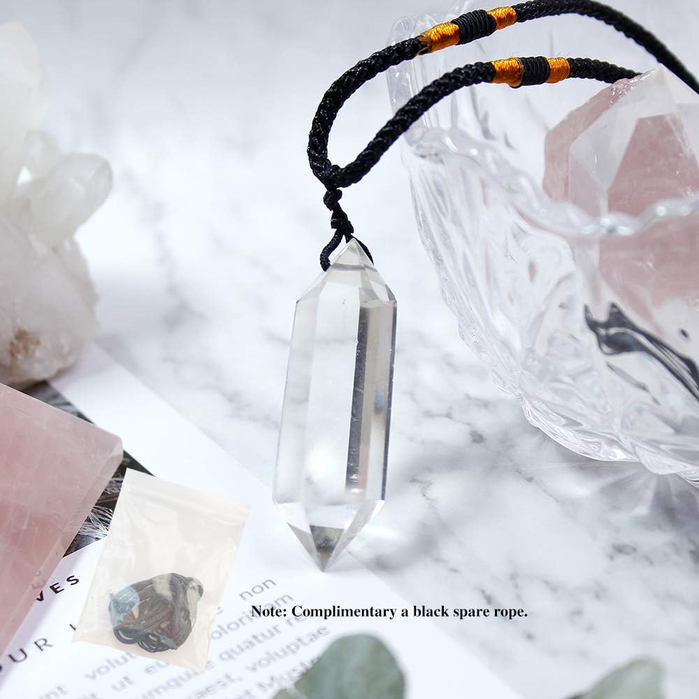 Runyangshi Clear Quartz Healing Crystal Pendants, Double Pointed Natural Crystal Quartz Necklace 6 Faceted Chakra Crystal Wand Stone
