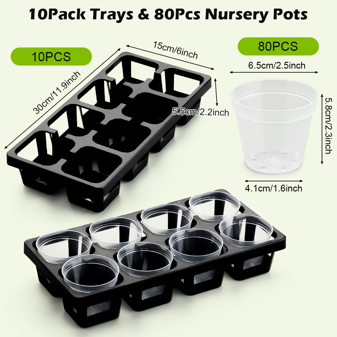 RooTrimmer 5 Pack Rectangular Window Sill Plant Pot Trays, 10 Pack 8 Cell Nursery Pot Trays with Clear Round Pots 80pcs