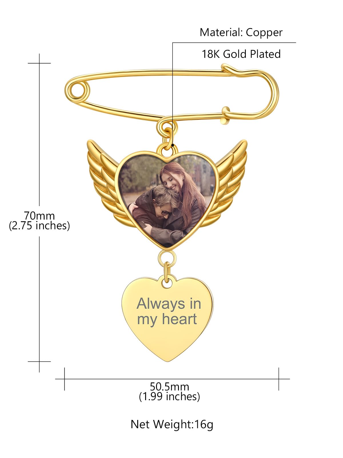 Custom4U Brooch with Angel Wing Heart Shaped Pin for Wedding Graduation Engagement