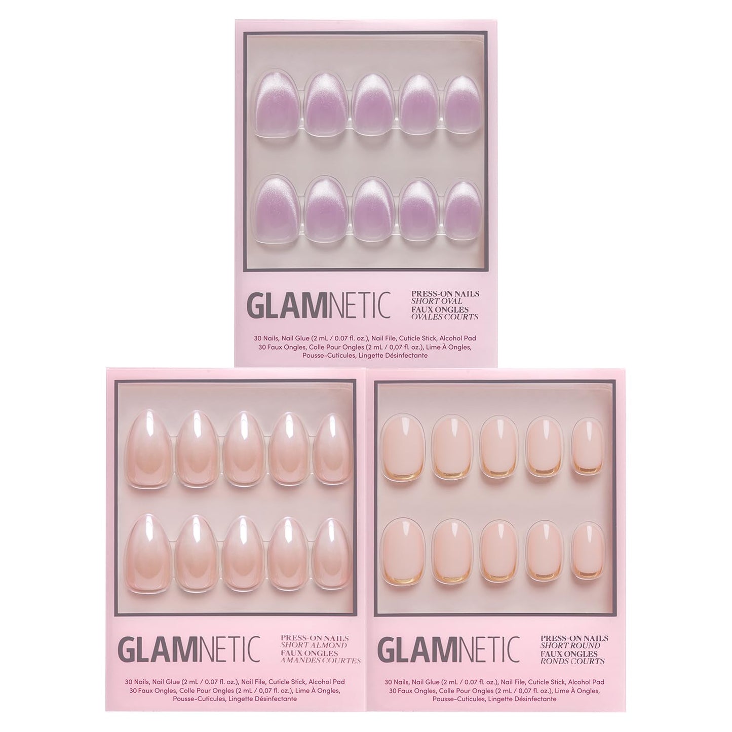 Glamnetic Press-On Nails Bundle - Fiancéd, Goal Digger & Berry Maroon | Fake Nails with a Nude Ombré | Natural Short Round False Nails with Gold Foil | Short Oval Beige-Pink Nails with a