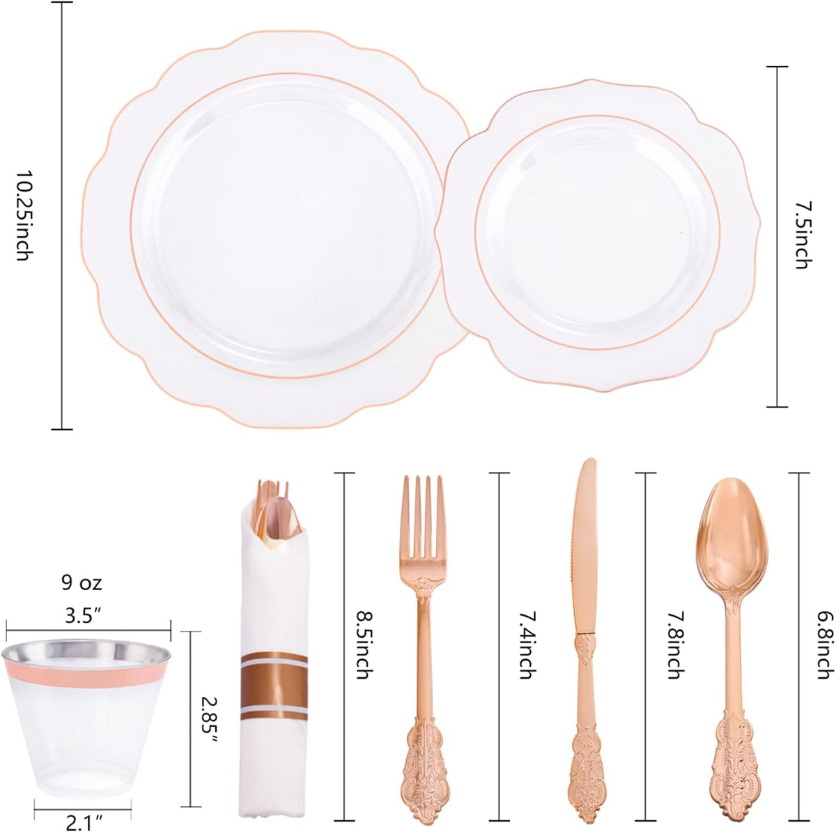 NOCCUR 350PCS Rose Gold Plastic Plates - Clear Rose Gold Disposable Dinnerware Set - Include 100 Dinner/Dessert Plates,50 Cups,50 Pre Rolled Napkins with Cutlery Set - Ideal for Party&Wedding
