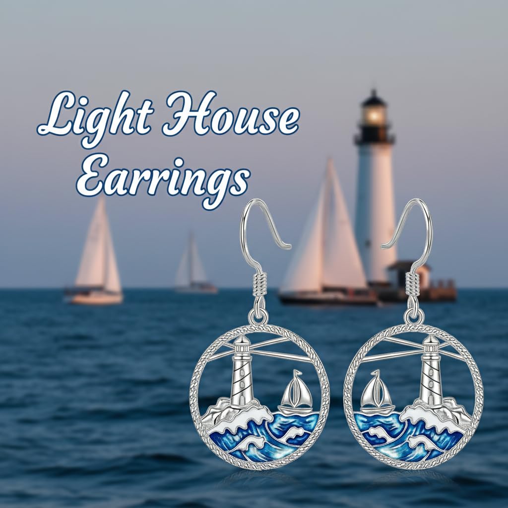 PROESS Lighthouse Earrings 925 Sterling Silver Ocean Wave Earrings Beach Jewelry Gift For Women Mother's Day