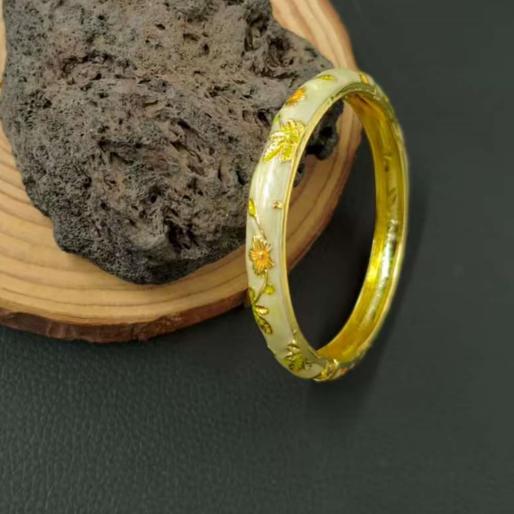 BlingNook Cloisonne Bracelet For Women, Chunky Bangle Trendy Cute Flower Enamel Bangles Multi Tone Engraved Cuff Gold Plated Bracelets Stackable Wife Jewelry Friendship Gift (Light Yellow, One Size)