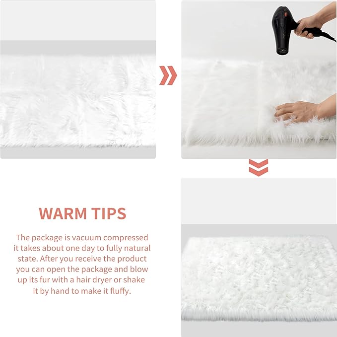 CIICOOL Faux Fur Rug White Fluffy Area Rugs for Bedroom, Thick Fuzzy Shag Rug Furry Bedside Nursery Rug for Living Room Plush Indoor Floor Carpet for Kids Room Teen Dorm, 3x5 ft