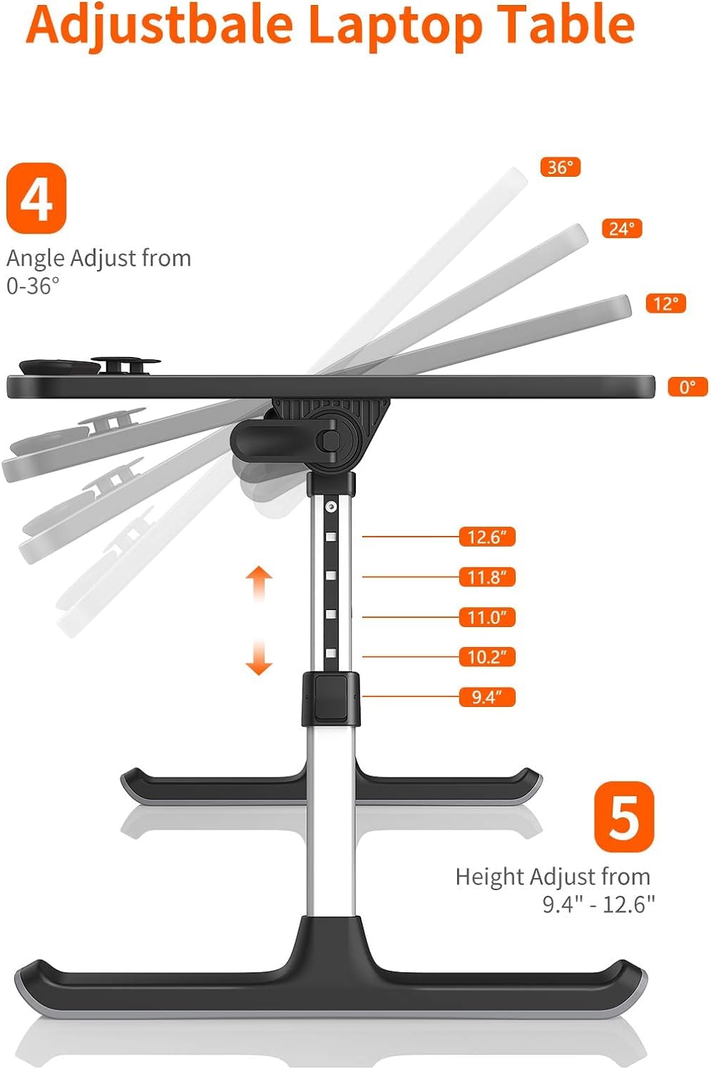 Desk, Table, SAIJI Adjustable Laptop Stand, Breakfast Tray, 5 Heights, 4 Angles, Stable Folding Table for Bed Sofa Desk, Suitable for Laptops up to 17 Inches (60 x 33 cm Black)