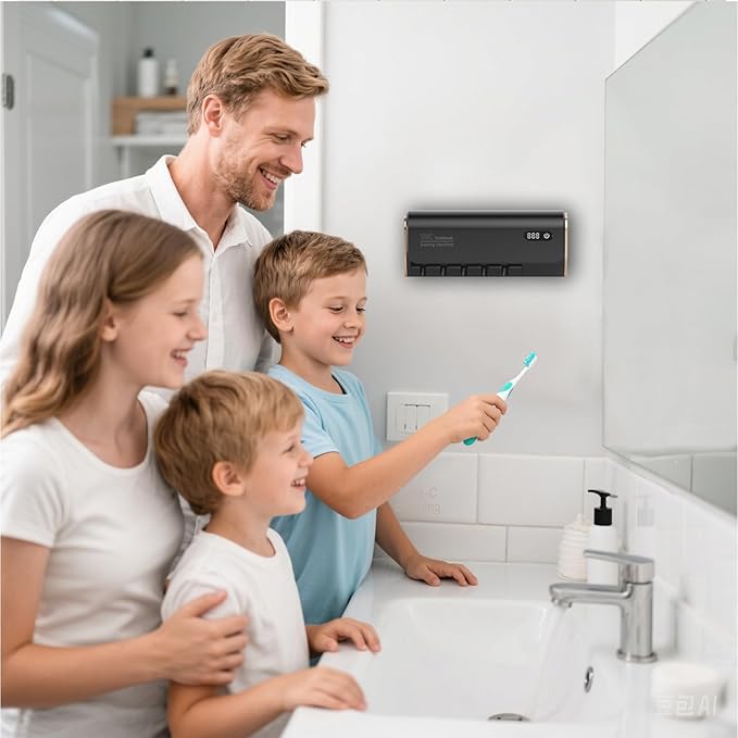 Toothbrush Holder for Bathrooms, Timer Function & 5 Toothbrush Slots Rechargeable Cordless Wall-Mounted Toothbrush Holder with Drying Functions, No Drilling(White)